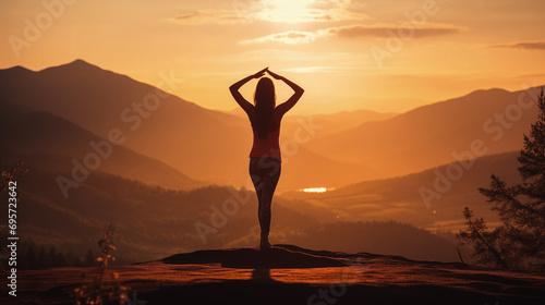 Solitude silhouette in mountain yoga at dusk.