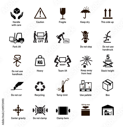 Set of packaging marks and delivery icons. Vector elements. Can use for your design, interface, website, infographic and etc. Prepared for use in any size on different devices. EPS10.