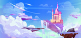 Fantasy fairytale castle on island of ground with waterfall floating in sky among clouds. Magic cartoon game vector illustration with king and princess kingdom with tower flying high in heaven.