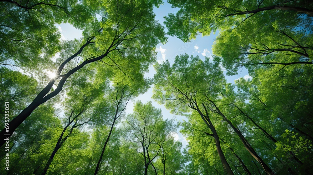 Fototapeta premium Trees in forest from below green tops of trees blue sky