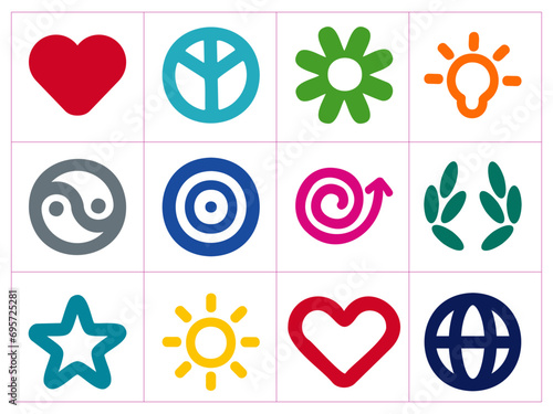 Mix Icon for Designing Heart web sunshine leaf arrow Editable vector illustrator sheet.