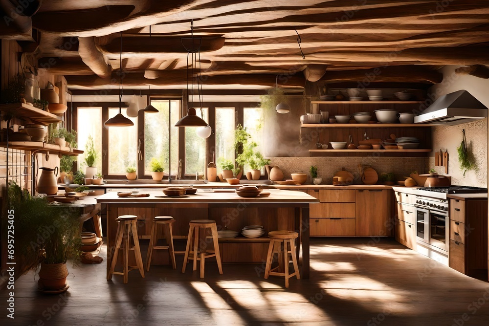 Cozy home kitchen interior with natural wooden ceiling and furniture and pottery kitchenware in sunlight 