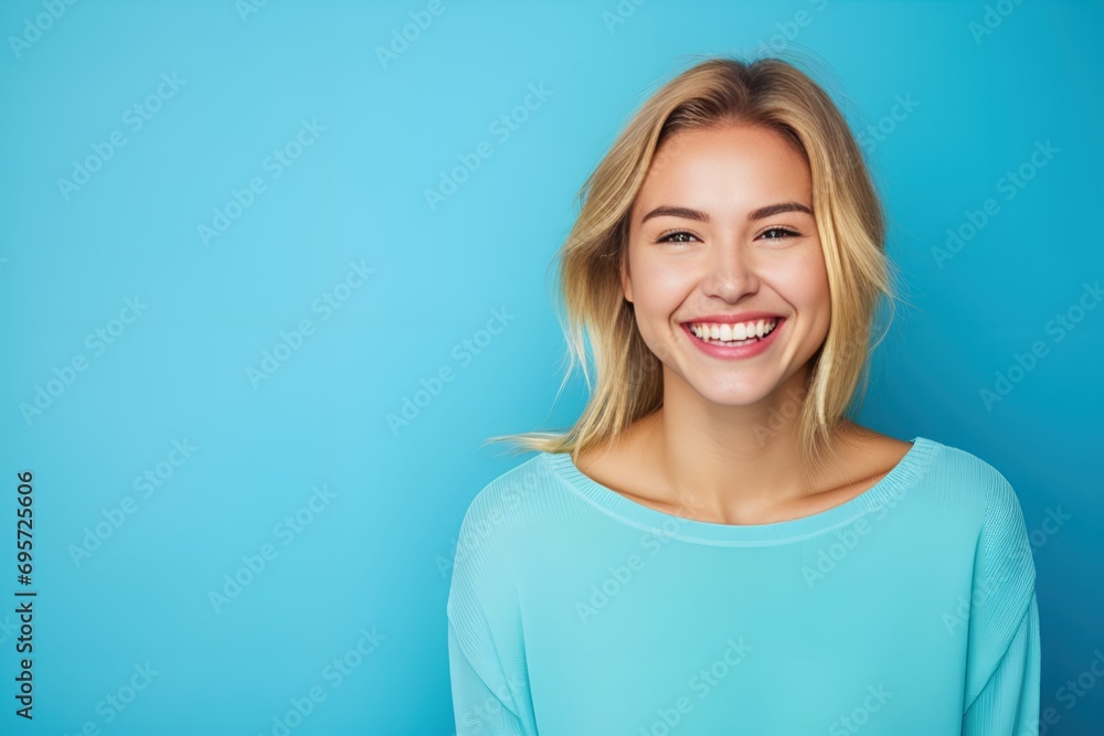 Charming Young Woman Smiling on a Light Blue Background. Generative AI. Charming Young Woman Smiling on a Light Blue Background. Generative AI.