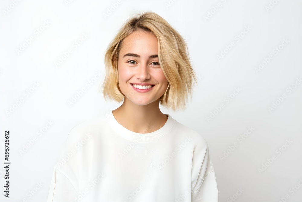 Bright-Eyed Young Woman with a Contented Smile on White Background. Generative AI. Bright-Eyed Young Woman with a Contented Smile on White Background. Generative AI.
