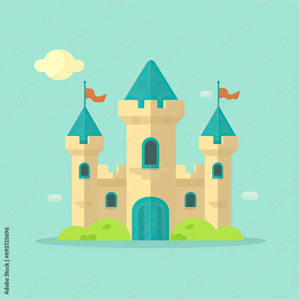 Rampart. Cartoon castle and rook towers. Adventures. Flat illustration of a fortress in the kingdom. A fairytale castle. Mobile game level. Realm. Game art. Princess castle. Cartoonish. Game map