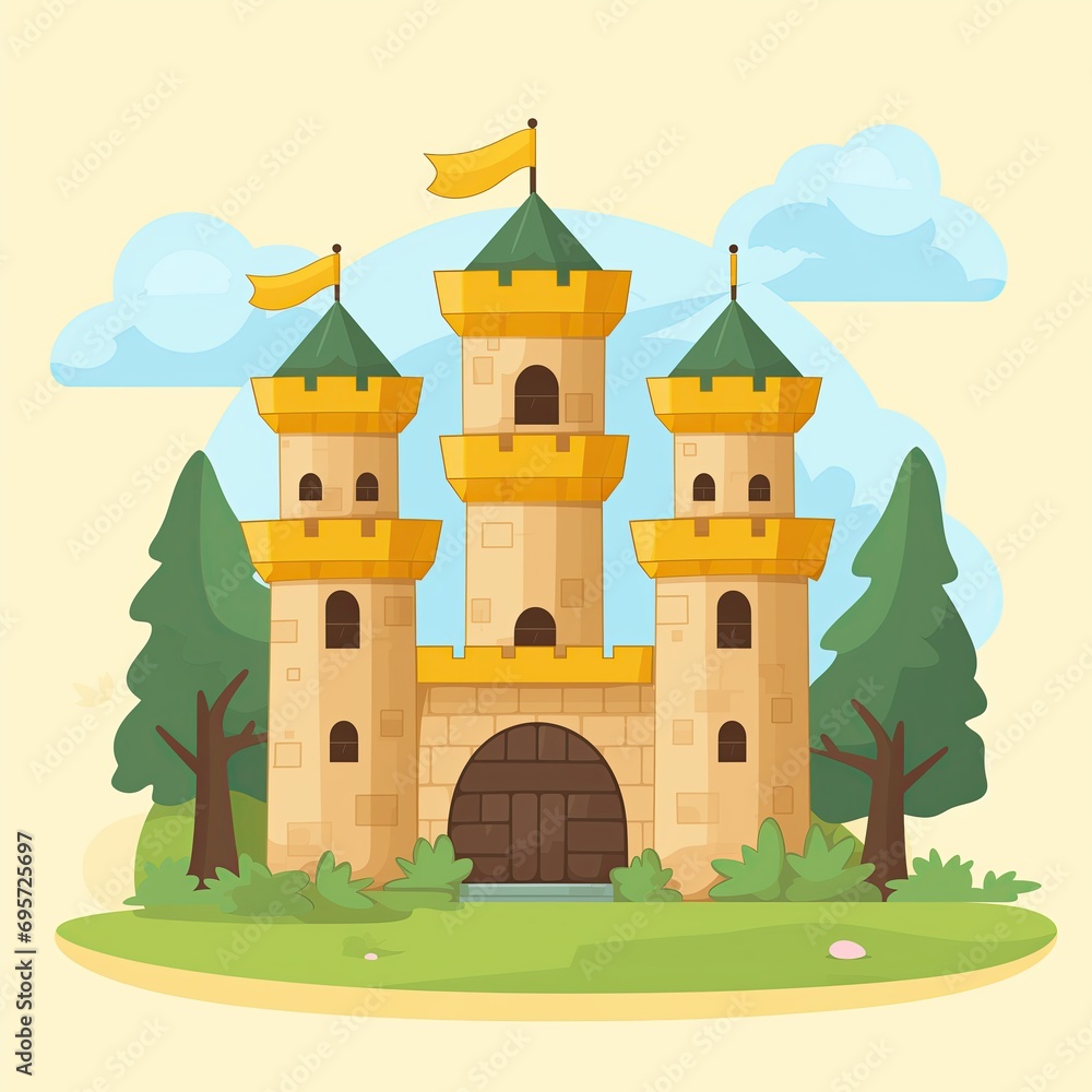 Valley. Flat illustration of a fairytale castle. Magic world. Simple illustration of a castle and a rook tower. Yellow flags. Kingdom. Princess. Mobile game level. Adventure