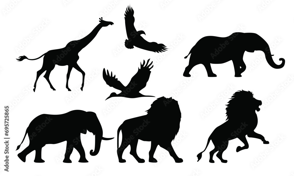 Zoo or jungle animals detailed vectors or silhouettes set (Black and White)
