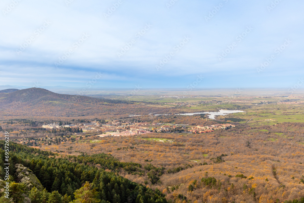 views of the town of La Granja and in the background the city of Segovia from the water waterfall called Chorro Grande in the town of Granja de San Ildefonso in the province of Segovia, Spain