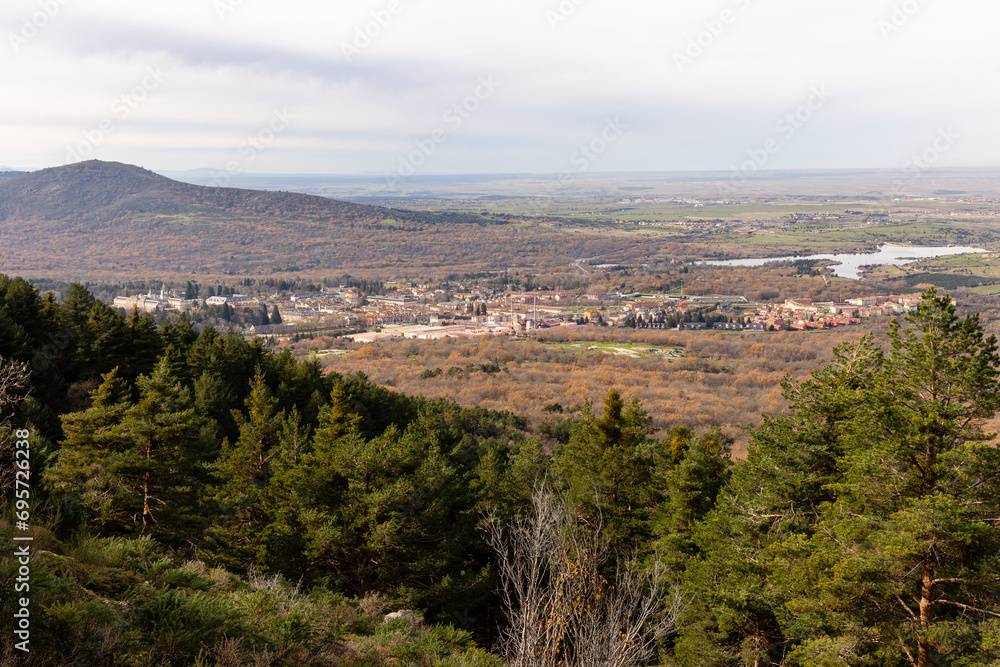 Fototapeta premium views of the town of La Granja from the water waterfall called Chorro Grande in the town of Granja de San Ildefonso in the province of Segovia, Spain