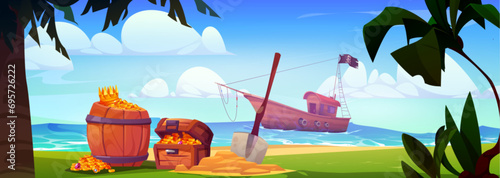 Pirates on black flagged ship came ashore to hide and bury treasure. Cartoon barrel and chest with gold coins and diamond jewelry and shovel on beach of sea or ocean in which corsair boat floating.