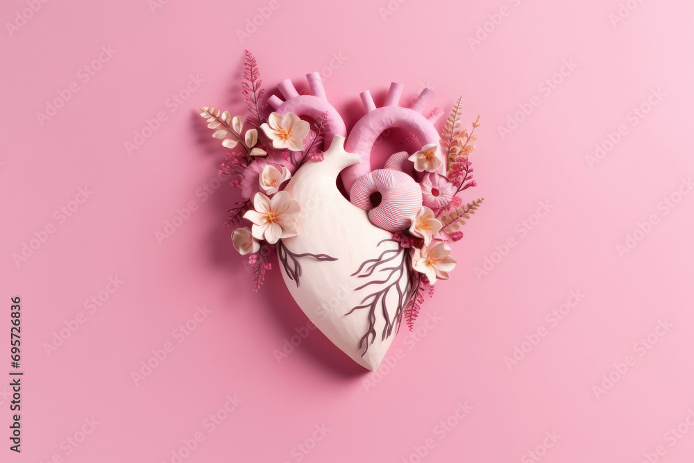 Anatomical paper heart with paper flowers - obrazy, fototapety, plakaty 