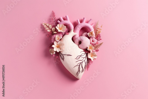 Anatomical paper heart with paper flowers photo