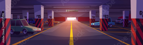 Underground parking with retro cars. Vector cartoon illustration of basement garage with many autos parked, daylight in open gate, exit sign on ceiling, shelter for autos in shopping mall building