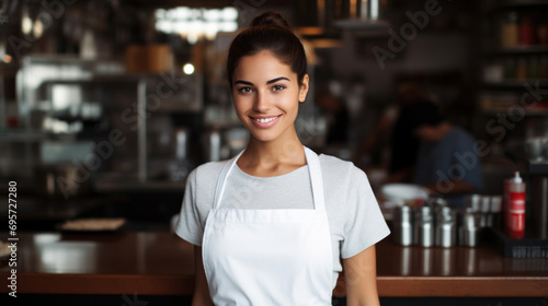 Portrait of a smiling waitress standing in a cafe, looking at camera