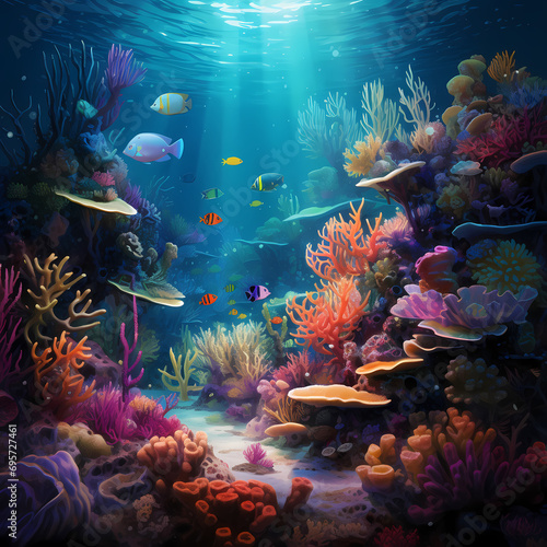 Underwater scene with a diverse array of marine life and vibrant coral.