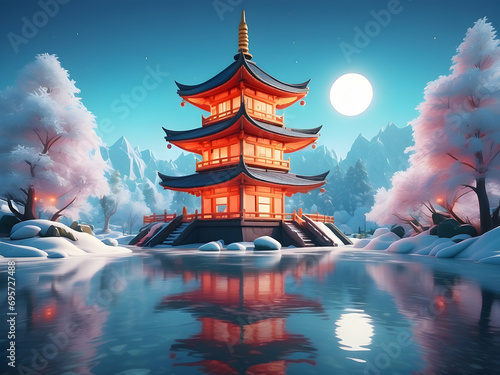 chinese temple at night Chinese winter illustrations, oriental watercolor graphics, traditional winter painting symbols