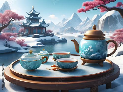 teapot and cups Chinese winter illustrations, oriental watercolor graphics, traditional winter painting symbols