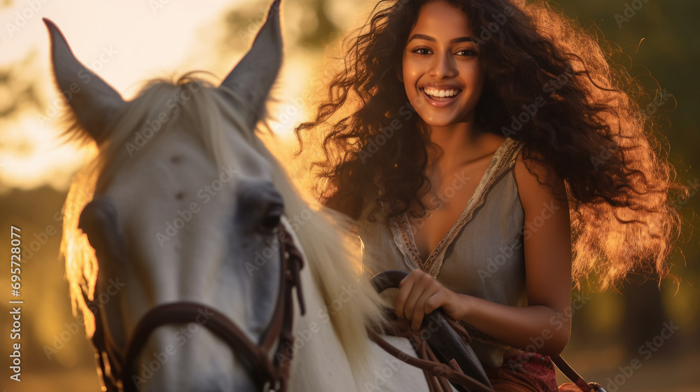 Obraz premium Young indian woman standing with horse