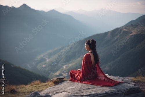 Young woman doing yoga at peak of mountain