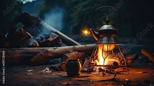Vintage Coffee Pot on camping fire © paisorn