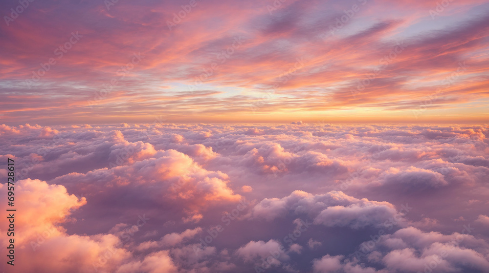 Sunset, flying above the clouds, peach clouds, pastel colors. Generative AI. - obrazy, fototapety, plakaty 
