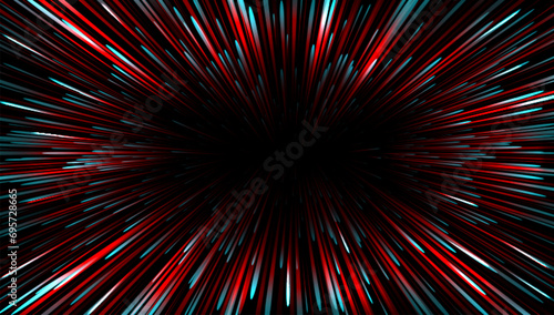 High speed warp of red light with radial burst. Realistic vector illustration of space travel pattern with neon glowing effect. Fantasy explosion or motion circular perspective tunnel in hyperspace.