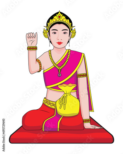 Thai wealth goddess or fairy or angel called Nang Kwak sitting and waving hand drawing in colorful cartoon vector 