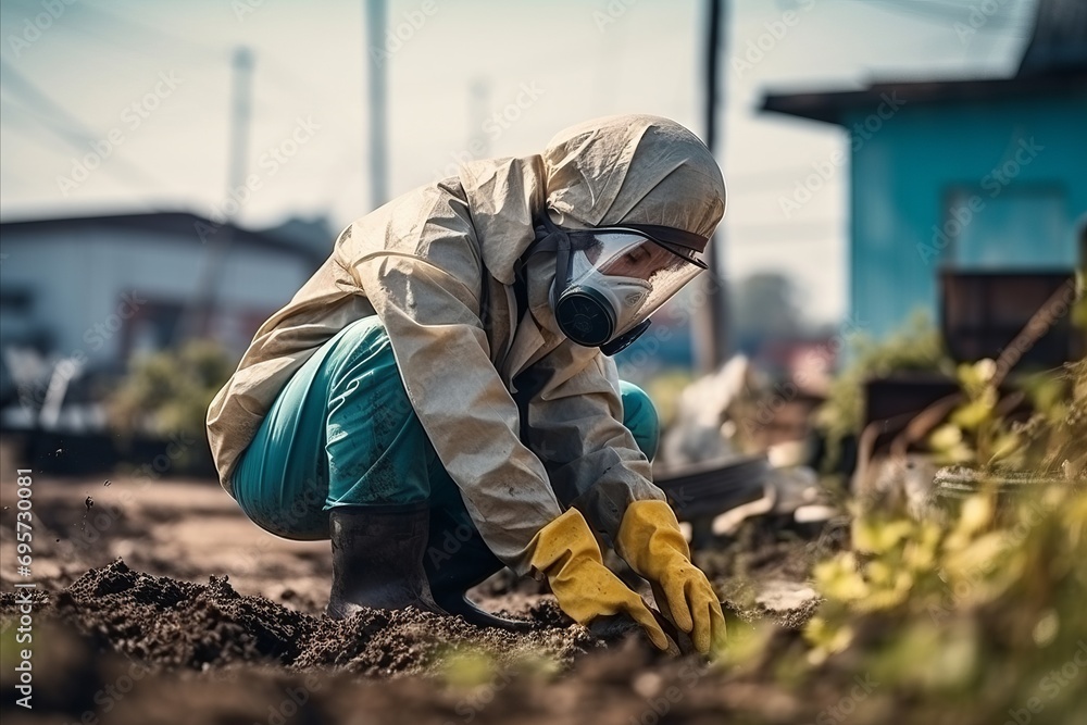 Young male gardener working in vegetable garden, wearing protective mask and gloves. - obrazy, fototapety, plakaty 