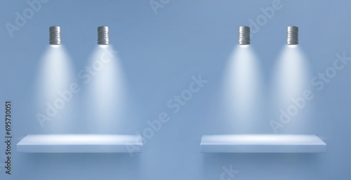 Blue wall with two empty shelves and hanging light lamp for product display. Realistic vector illustration of platform illuminated by spotlight. Mockup of gallery or exhibition studio podium.