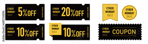 サイバーマンデーセールに使える黒と黄色のクーポンベクターデザイン素材セット1