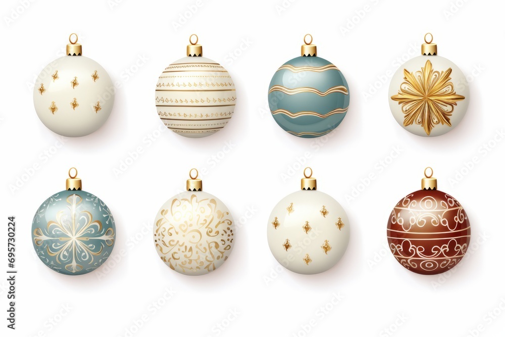 Set of white and gold Christmas decorations. 3d illustration of balls. Design elements for greeting card or invitation