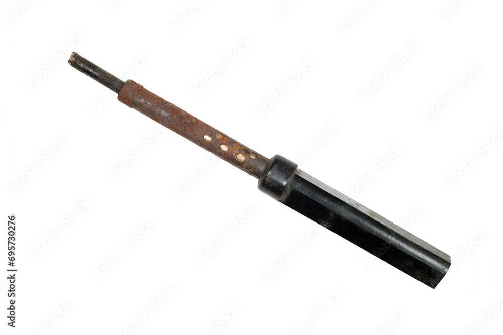 Old soldering iron isolated on white background. Rusty electric soldering iron. Old soldering iron isolated on white background. Rusty electric soldering iron.