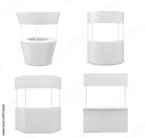 Advertising and promo booth stand. Realistic vector illustration set of white empty portable kiosk mockup with signboard. Blank retail trade, promoter and presentation stall of various shapes.