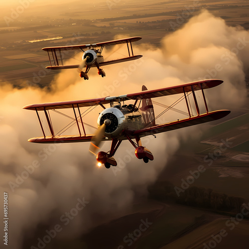 Vintage biplanes trailing smoke in synchronized aerial acrobatics.