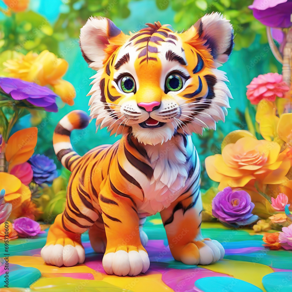 Cartoon image of a cute tiger in the garden with flowers
