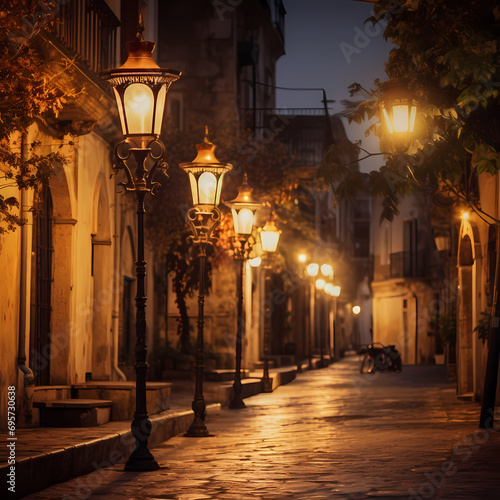 Vintage street lamps casting a warm glow on a foggy night