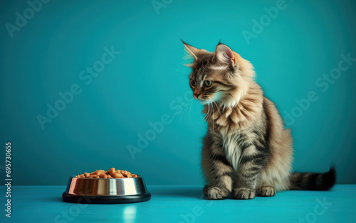 Cute tabby kitten sits near food bowl