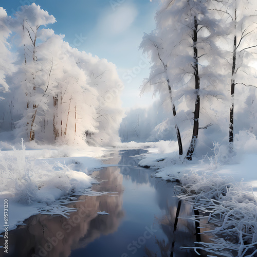 Winter landscape with snow-covered trees and a frozen pond © Cao