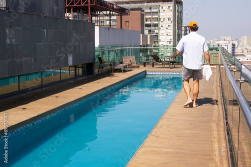 Porto Alegre, Rio Grande do Sul, Brazil -November 25, 2023: Swimming pool on the roof of the hotel photo