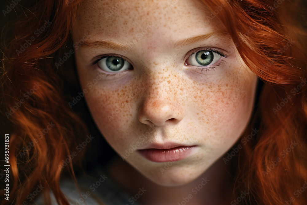 Face of young girl child with led hair and freckles Face of young girl child with led hair and freckles