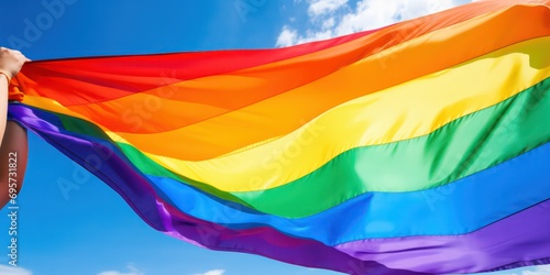 LGBT flag  full of colorful rainbows  billows in the breeze as it s waved by a hand adorned with a sweatband.