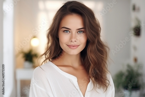 Image generated with AI. Beauty woman with perfect smile looking at camera at home