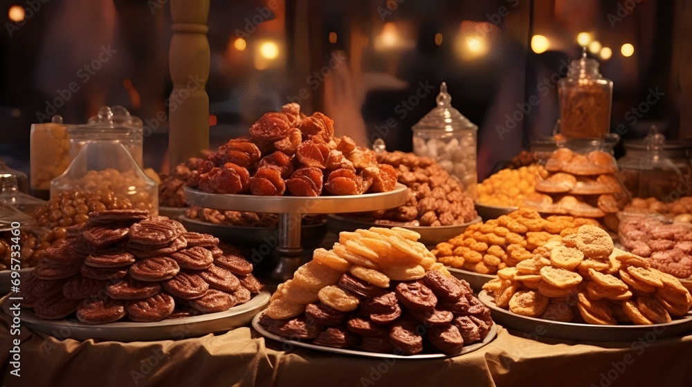 Fototapeta premium Dried fruits and nuts on a table in a restaurant in Paris, France