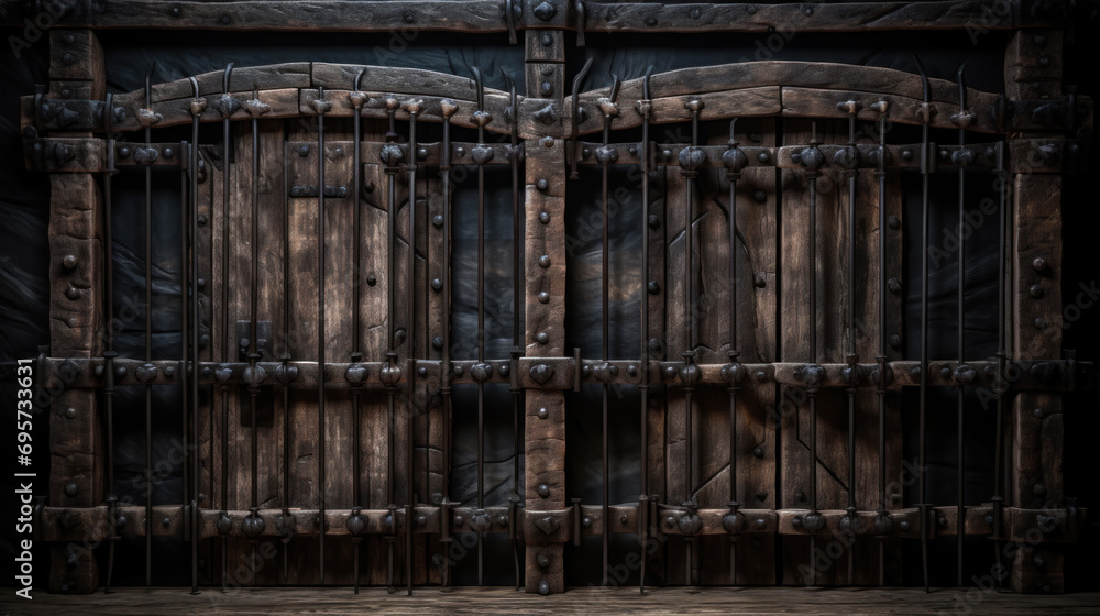 Old wooden door with iron bars on a dark background Old wooden door with iron bars on a dark background