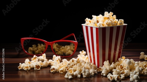 A paper bag with popcorn, glasses. A cozy evening watching a movie or TV series at home. There are blurred lights in the background.