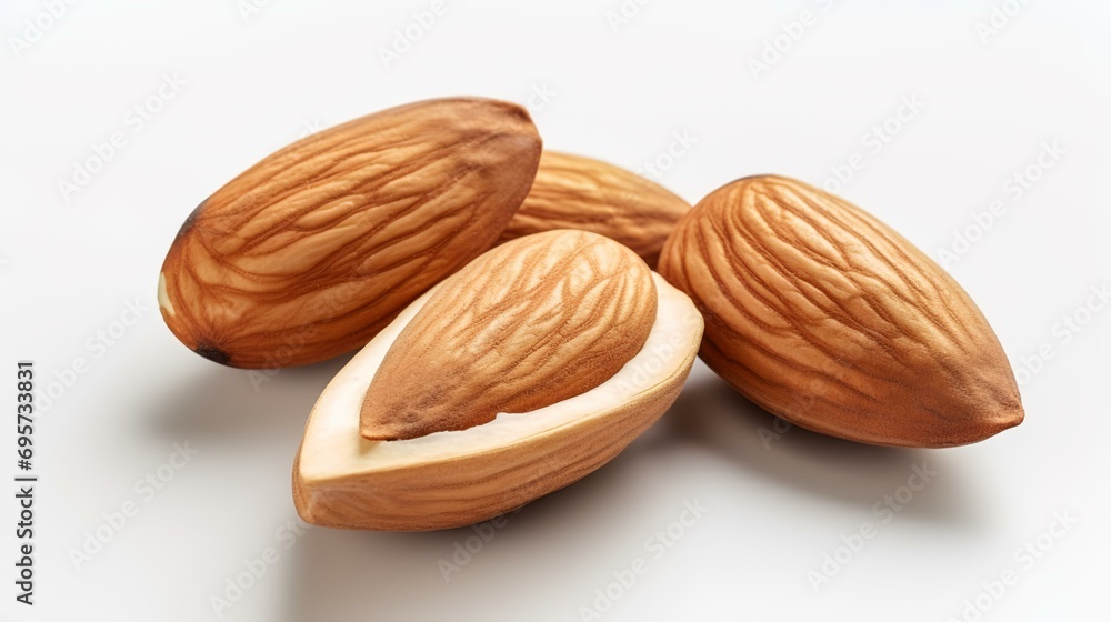 Almond nuts on white background, close-up, macro.