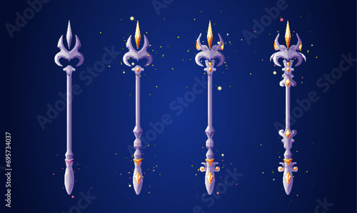 Golden trident staff set isolated on background. Vector cartoon illustration of magic wooden stick with iron weapon tip decorated with yellow gemstone, wizard tool, game rank asset, progress symbol
