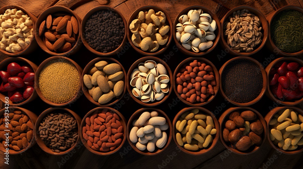Assortment of nuts in wooden bowls. Healthy food concept. Top view. Assortment of nuts in wooden bowls. Healthy food concept. Top view.