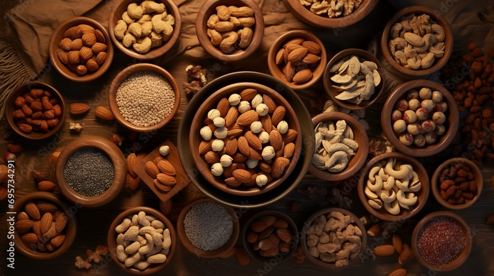 Assortment of nuts in wooden bowls. Nuts background. Top view.