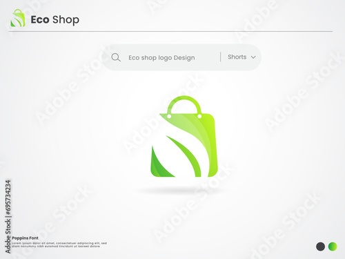 Eco shop logo design. Natural product shopping store. Business. Creative design. Green shop. Shopping bag with leaf. Finance. Premium template